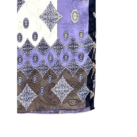 Vintage Oscar de la Renta Purple Tan Paisley Geometric Printed Scarf Hand Rolled - Picture 2 of 3